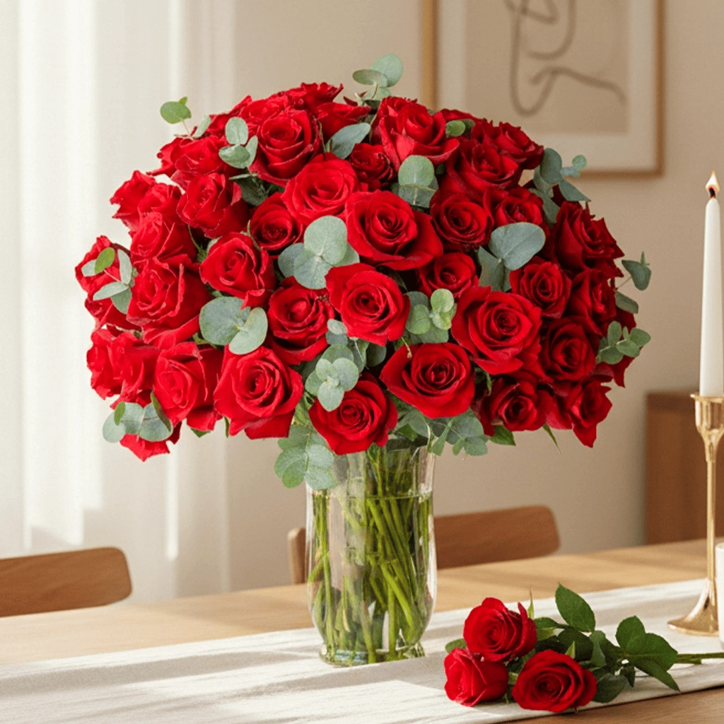 Red roses arranged in a clear glass vase for elegant flower delivery in Kuwait