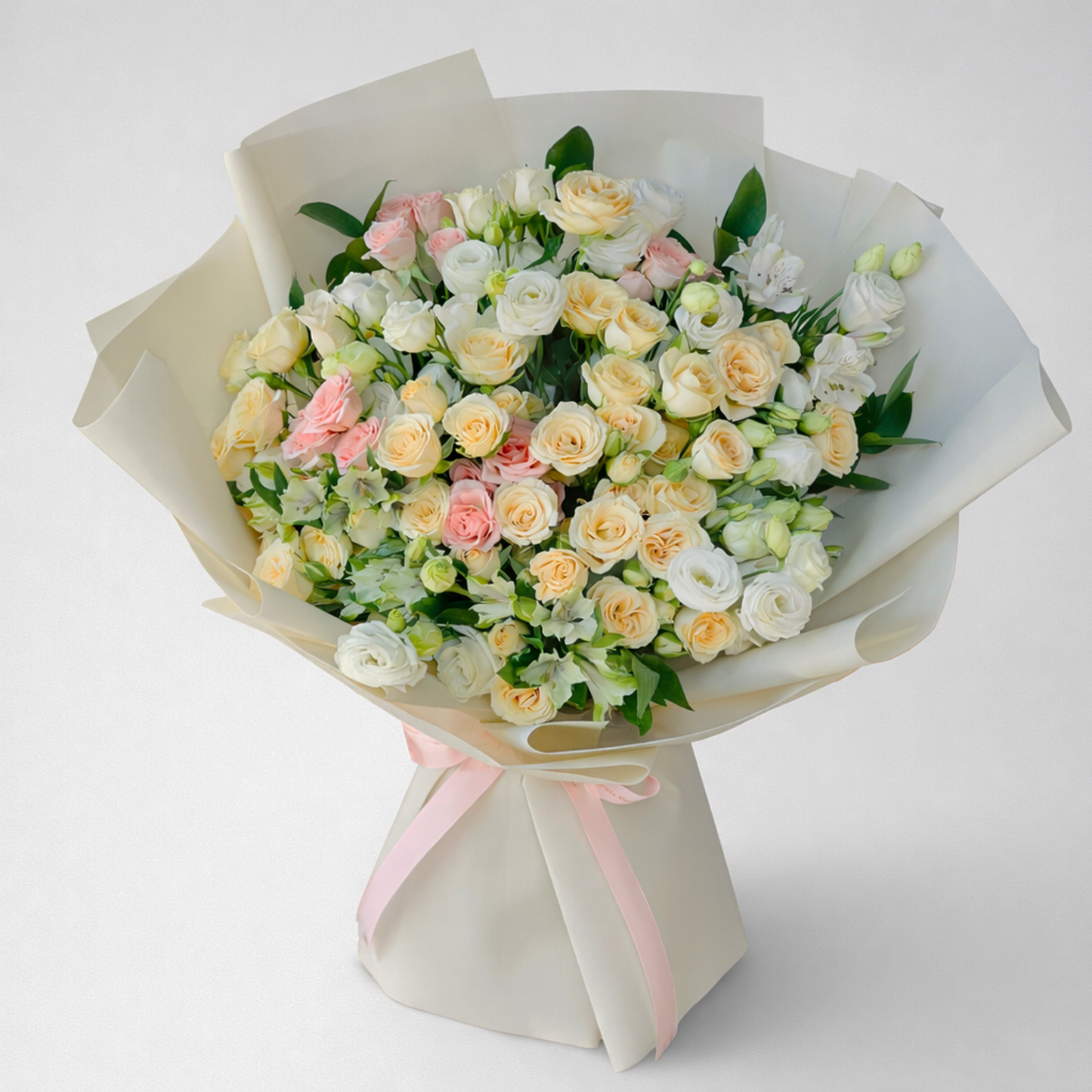 Mixed color spray roses bouquet with alstroemeria and lisianthus, premium flower bouquet by Buy Flower Box for same-day delivery in Kuwait