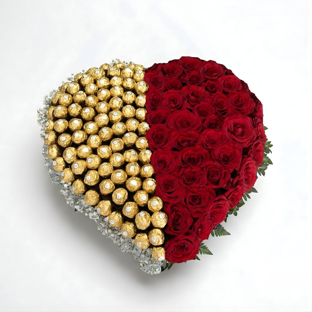Heart-shaped arrangement with red roses on one side and Ferrero chocolates on the other seasonal fillings