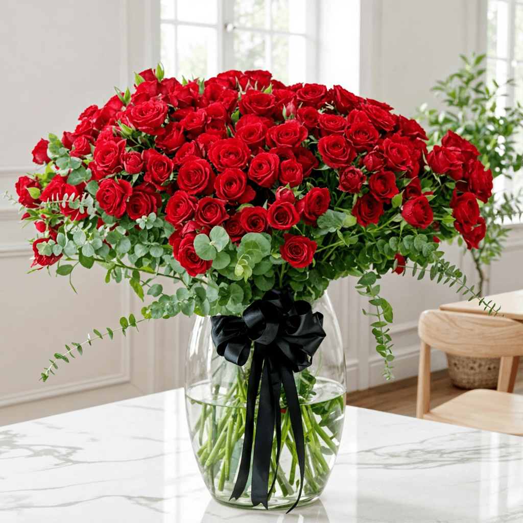 Luxury red rose and spray rose glass vase arrangement for flower delivery in Kuwait