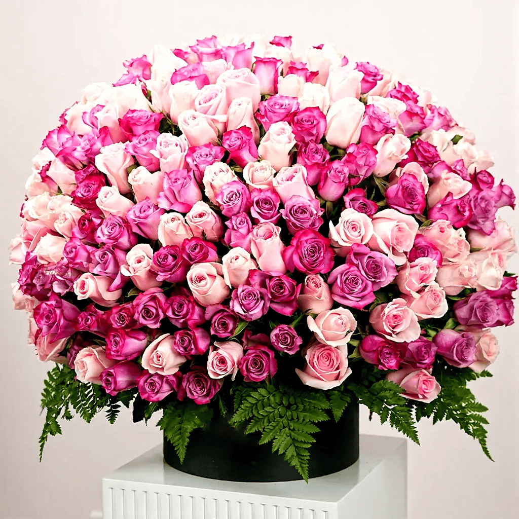Luxury pink and purple rose hatbox arrangement for flower delivery in Kuwait