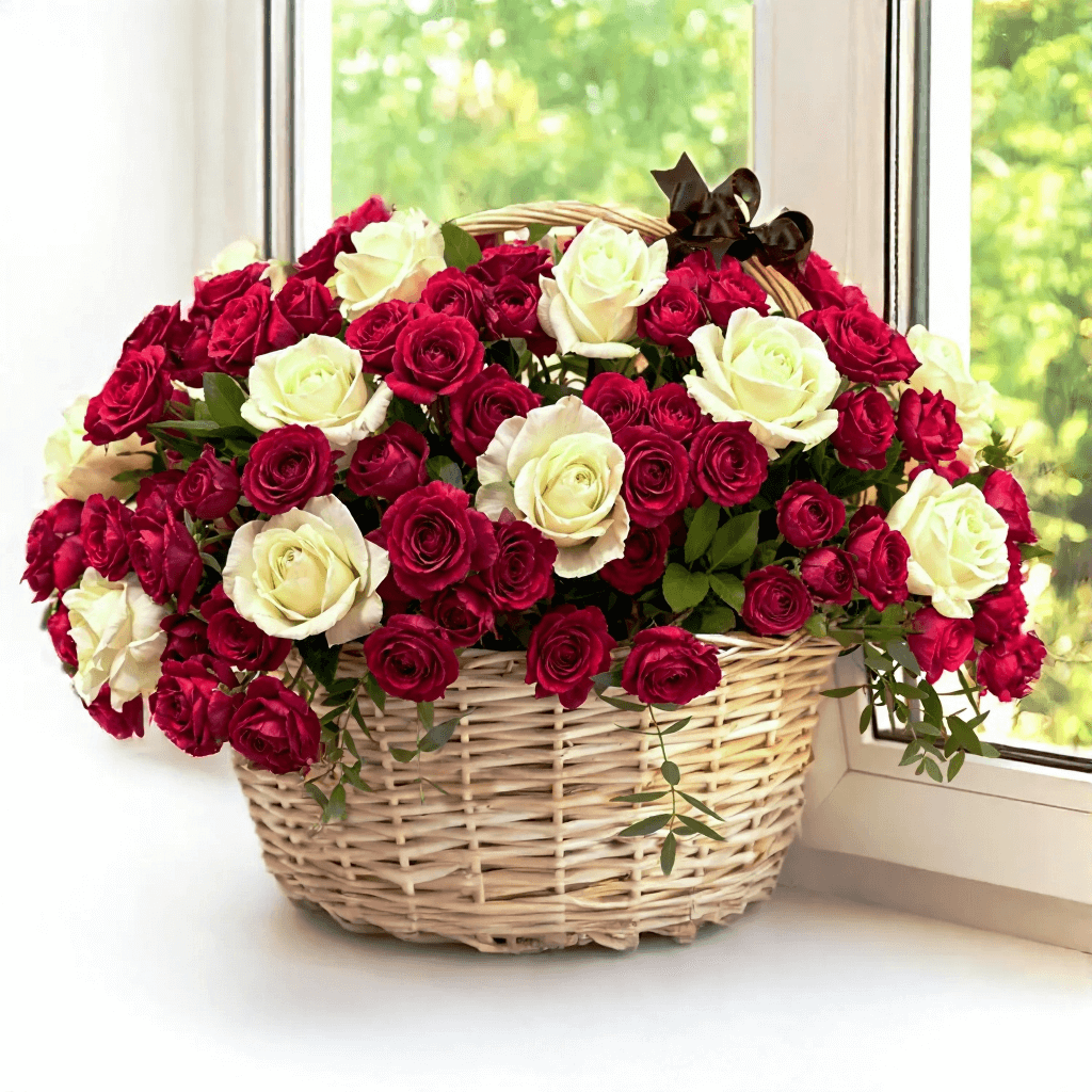 Red and white rose basket arrangement with fresh spray roses for flower delivery in Kuwait