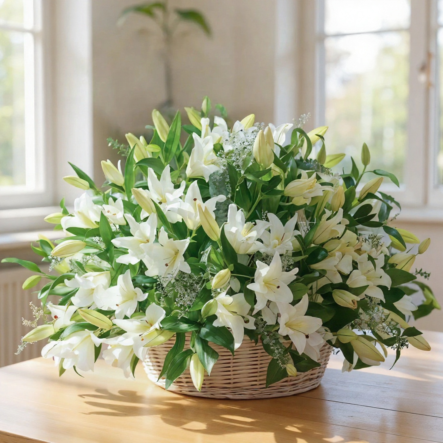 White lily flower basket with 30 fresh stems for flower delivery in Kuwait
