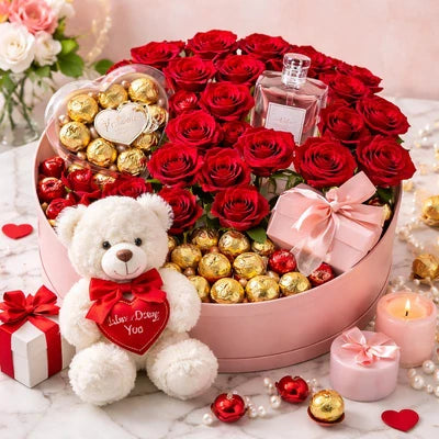 Valentine Flowers Combined with Chocolates and Gifts