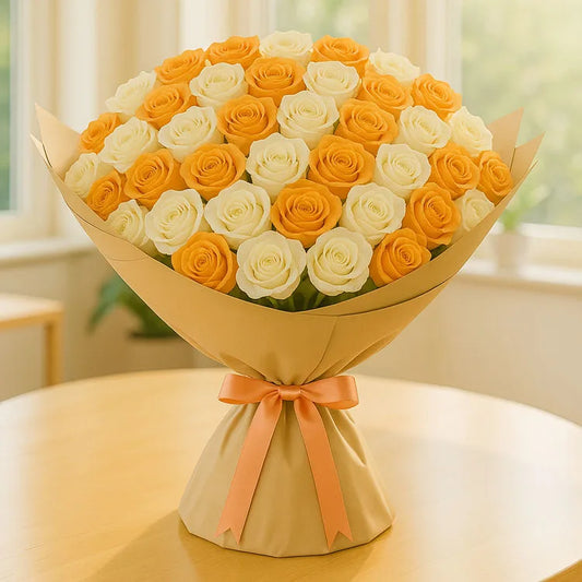 100 White and Orange Roses