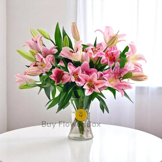 10 Pink Lilies Vase
