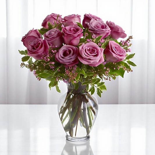 1 Dozen Purple Roses Vase