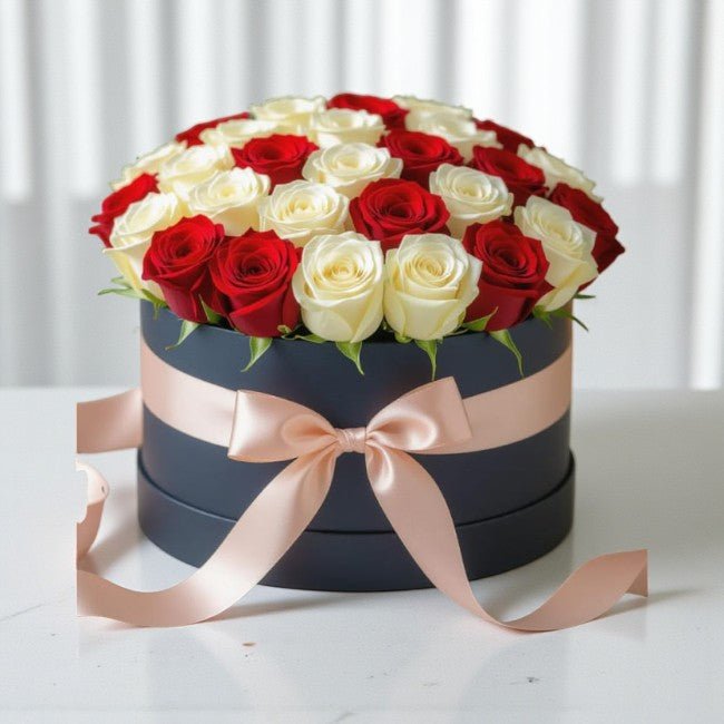 50 White & Red Roses Box