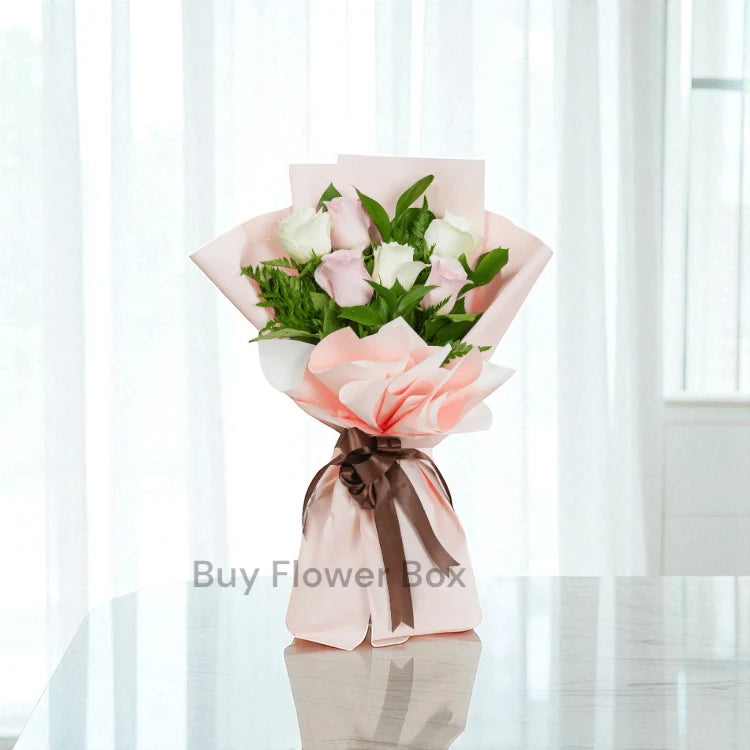 6 Pink and White Roses