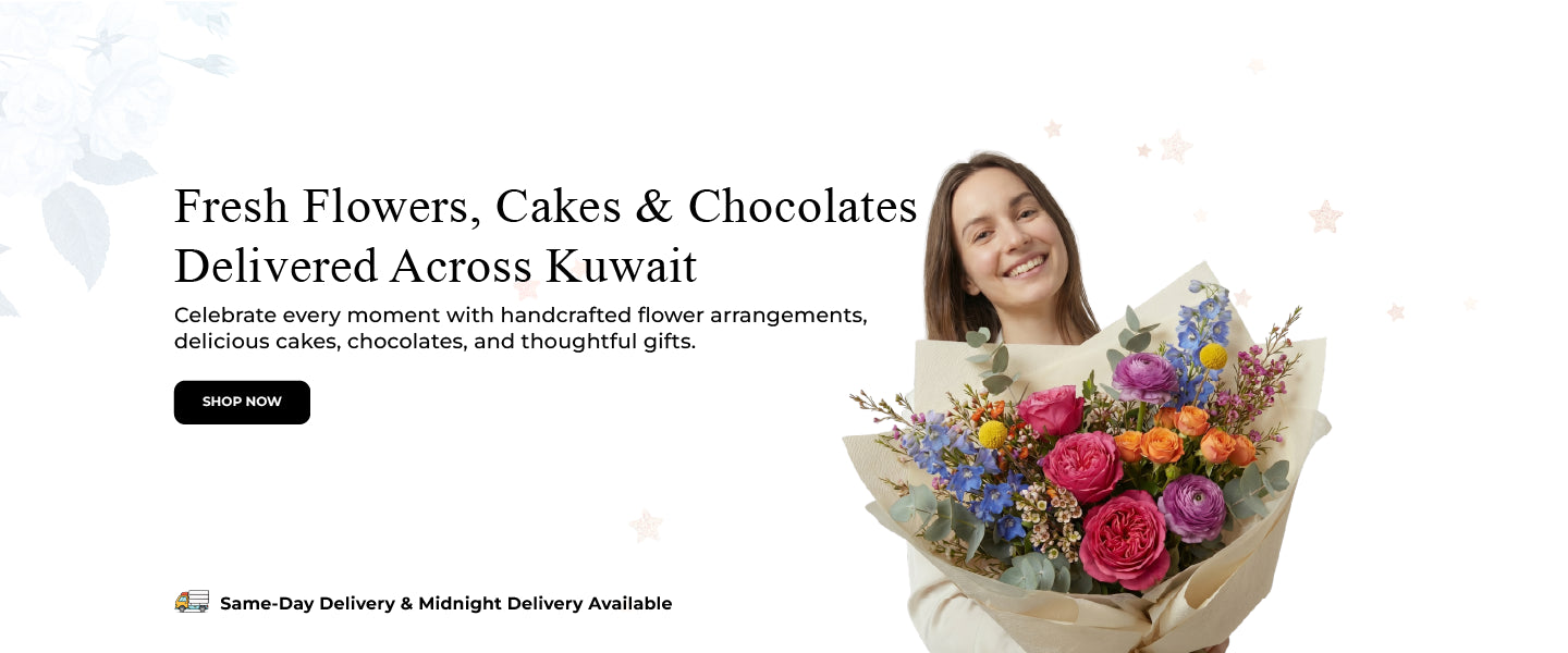 Woman holding a bouquet of flowers with text about flower, cake, and chocolate delivery in Kuwait.