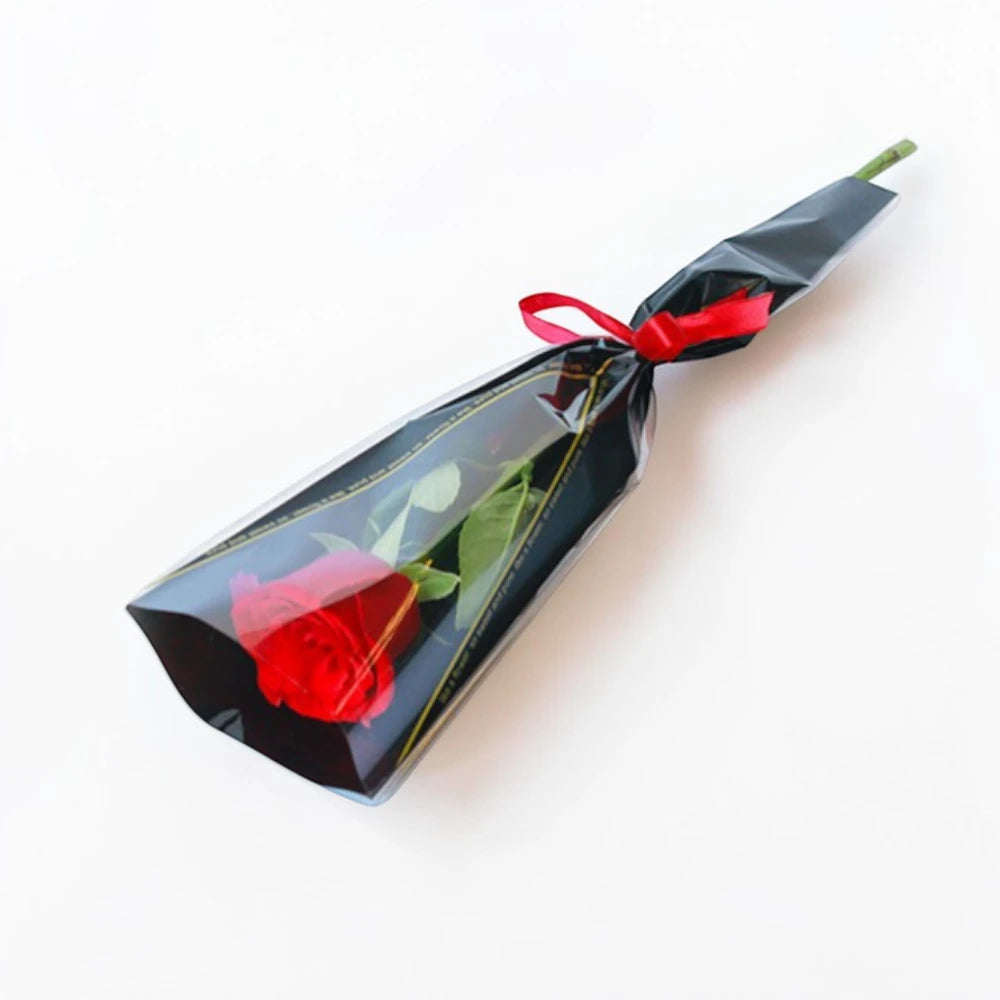 Single red rose in a clear plastic bag with a black wrapper on a white background