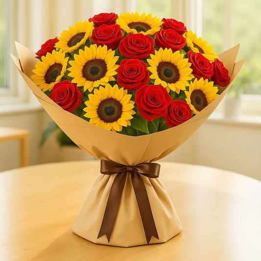 Sunflowers and Red Roses Bouquet