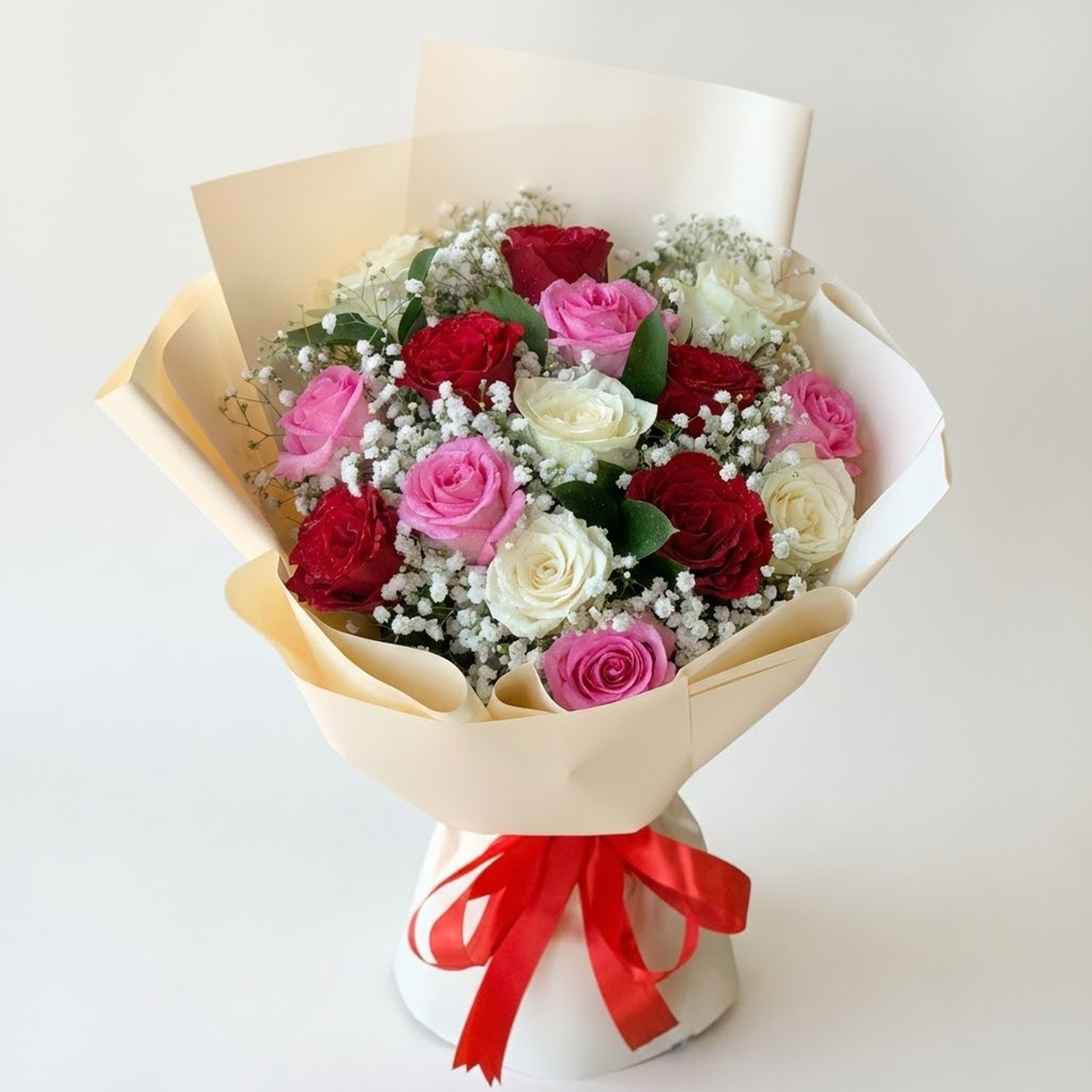 Elegant bouquet of white, pink, and red roses by Buy Flower Box in Kuwait