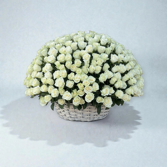 Large white rose flower basket arrangement for flower delivery in Kuwait