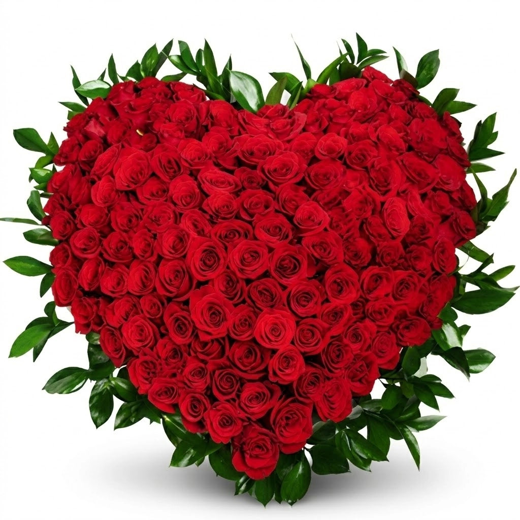 Heart-shaped arrangement of red roses with green leaves on a white background