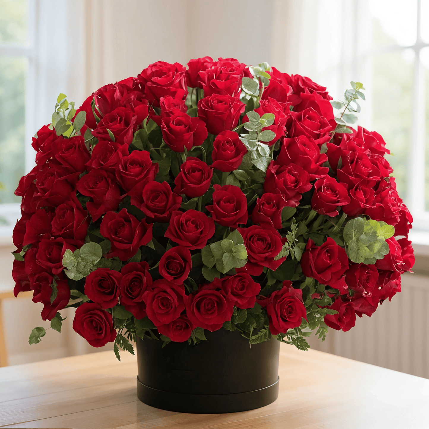 Luxury red rose hatbox arrangement for romantic flower delivery in Kuwait