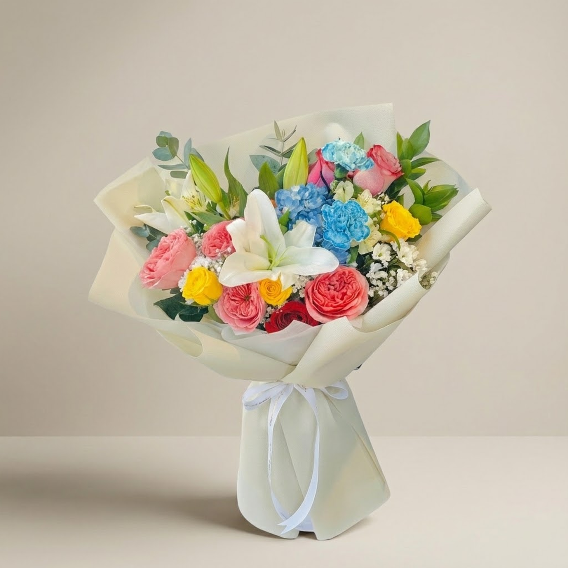Colorful mixed bouquet of roses, carnations, and lilies by Buy Flower Box, flower delivery in Kuwait