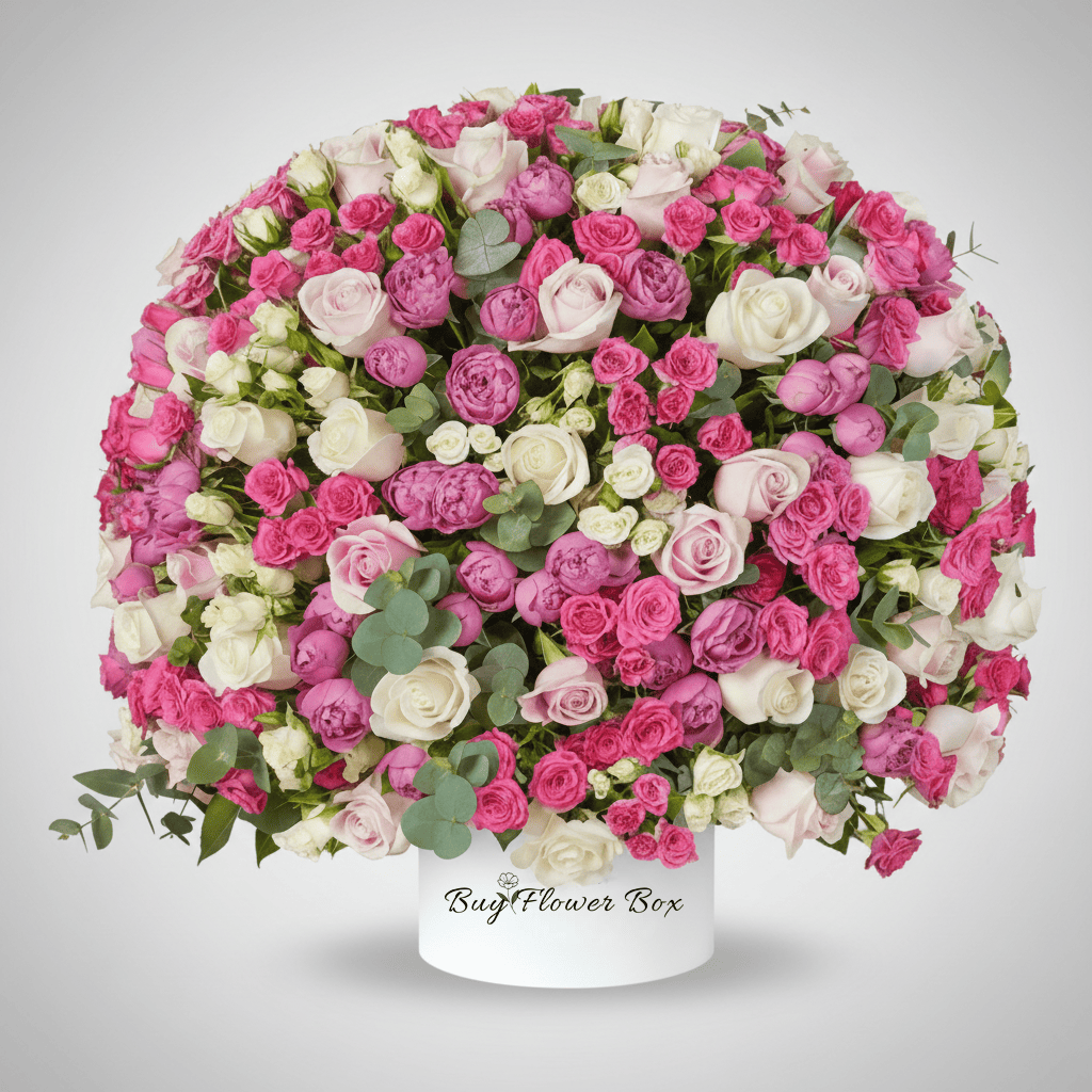 Mixed spray roses arranged in a luxury flower hat box for flower delivery in Kuwait