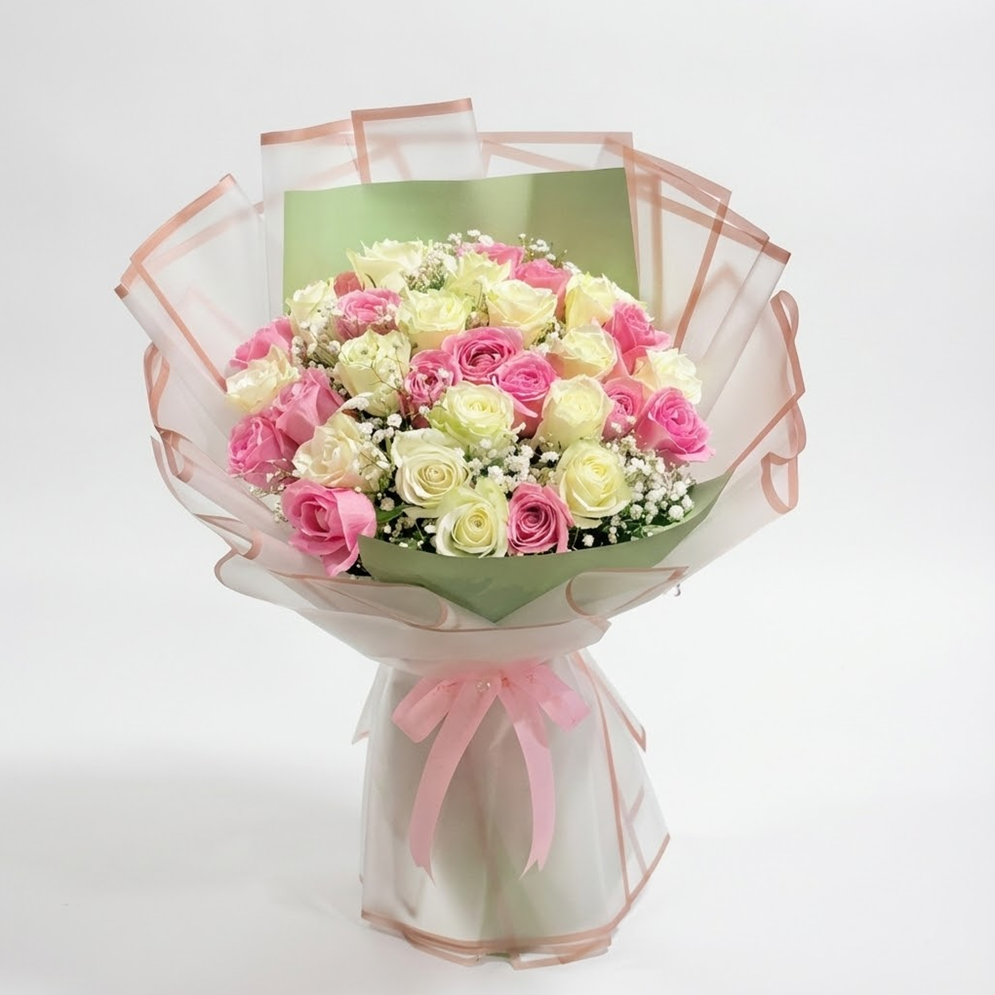 Pink and white roses luxury bouquet with premium wrapping by Buy Flower Box, fresh flower bouquet for same-day delivery in Kuwait