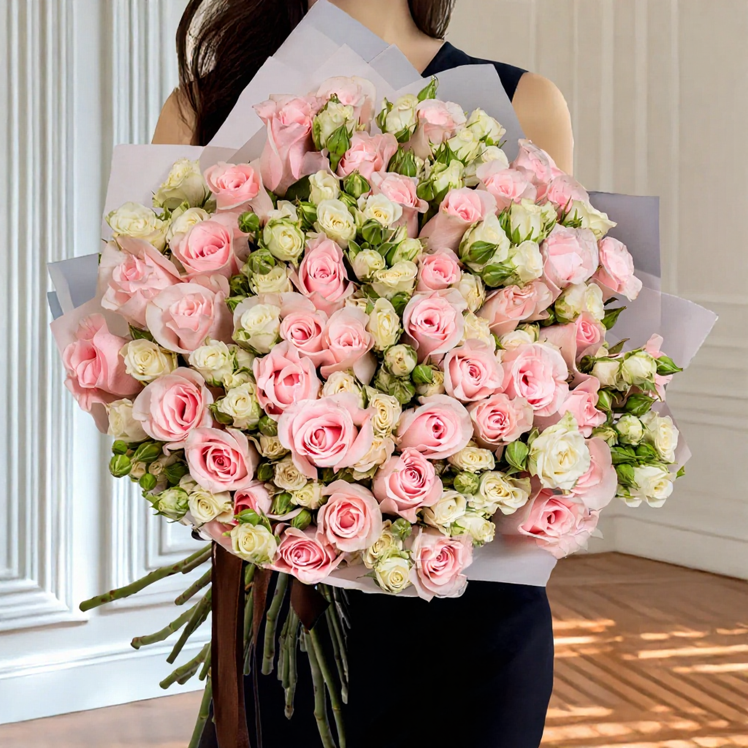 Pink and white spray rose bouquet with 50 stems for flower delivery in Kuwait