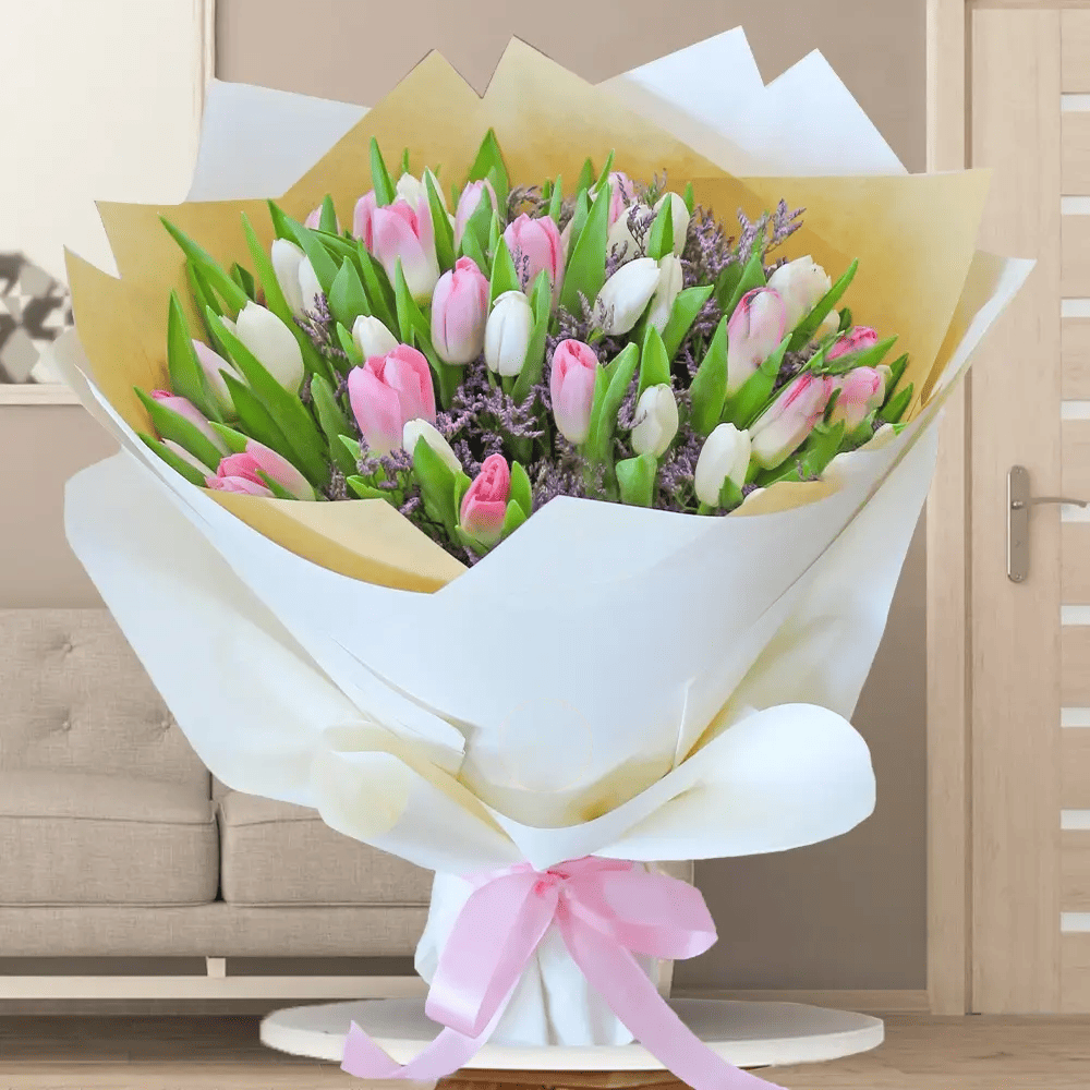 Pink and white tulip bouquet with 50 stems for flower delivery in Kuwait