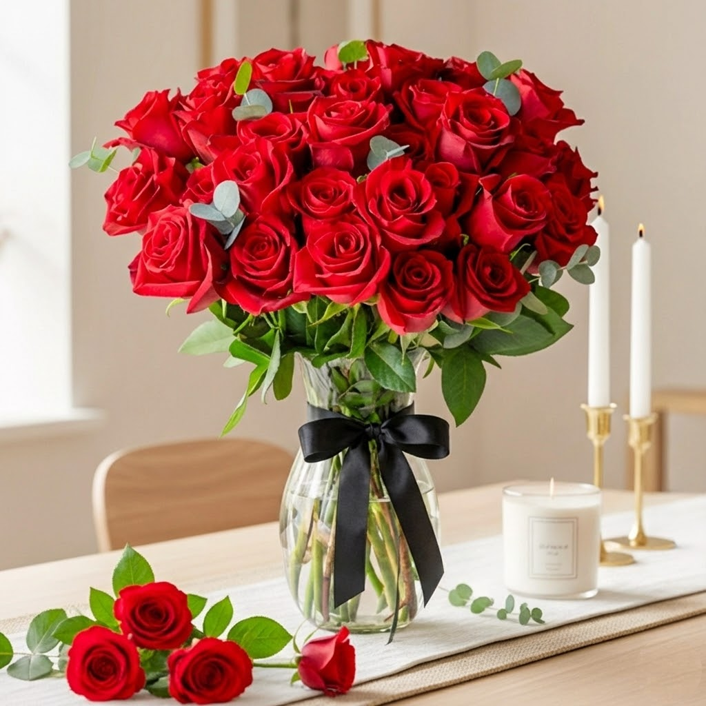 Red rose glass vase arrangement with 24 roses for flower delivery in Kuwait