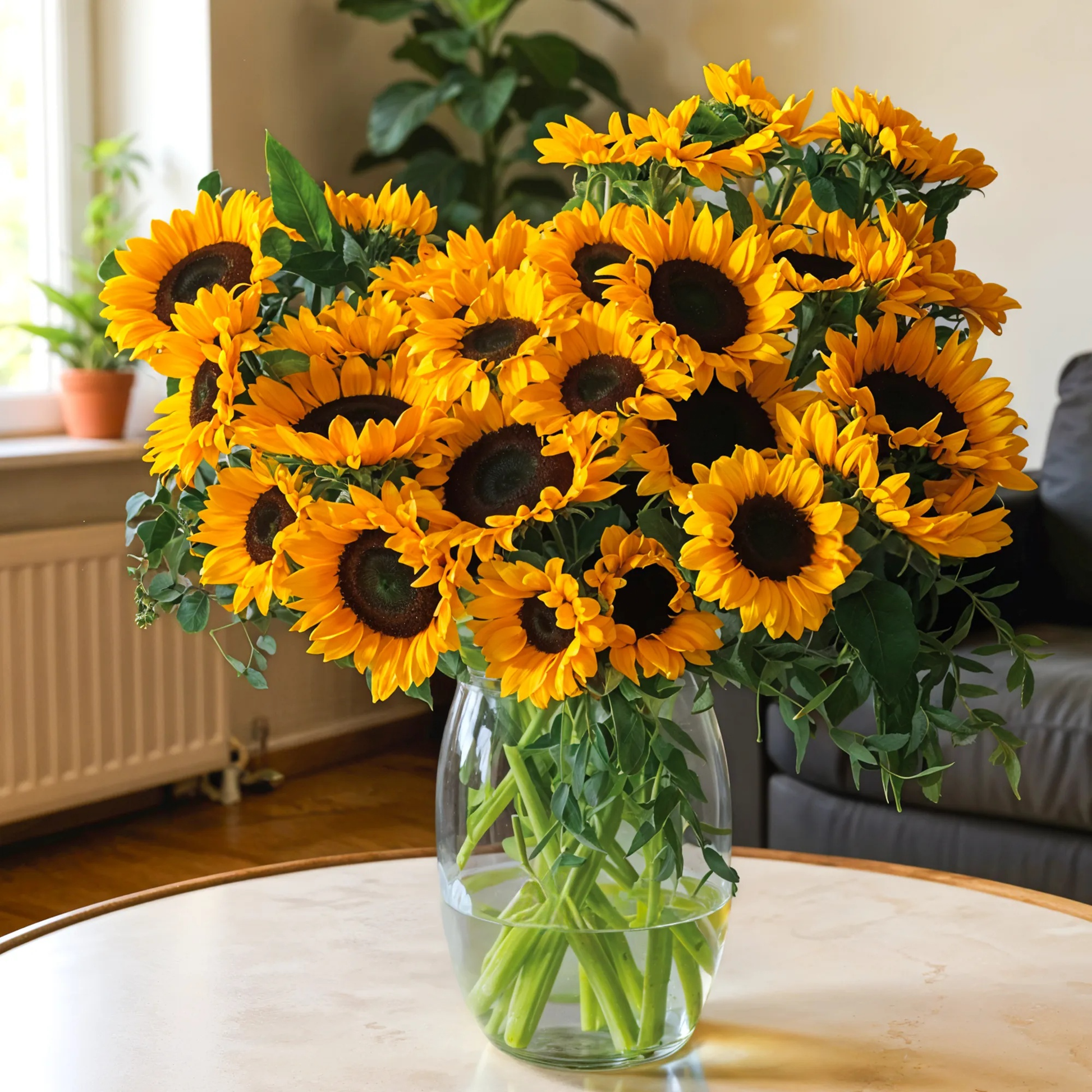 Sunflower glass vase arrangement with 25 stems for flower delivery in Kuwait